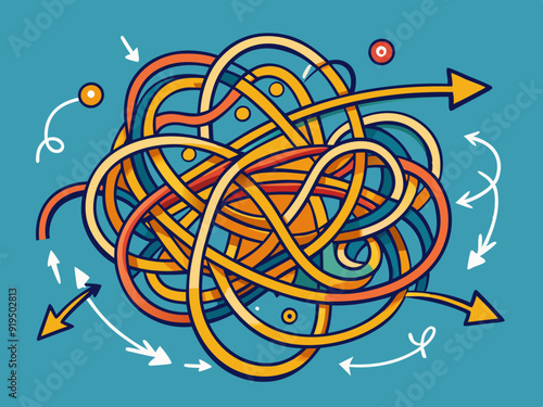 Messy scribble arrow lines. Chaotic doodle line ravel tangle, hand drawn confused messy knot. Difficult route, curved scrawl path chaos concept. Vector set
