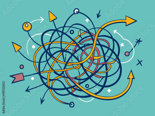 Messy scribble arrow lines. Chaotic doodle line ravel tangle, hand drawn confused messy knot. Difficult route, curved scrawl path chaos concept. Vector set
