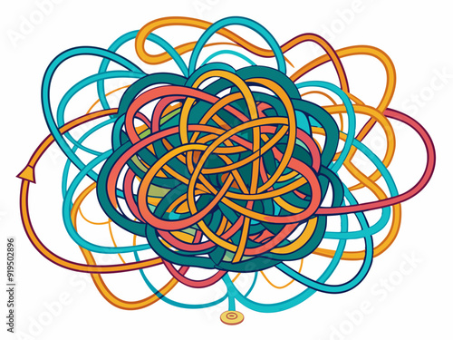Messy scribble arrow lines. Chaotic doodle line ravel tangle, hand drawn confused messy knot. Difficult route, curved scrawl path chaos concept. Vector set
