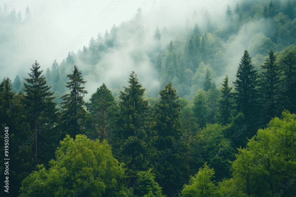 An enchanting view of a forest covering rolling hills, with thick fog giving a mystical feel during the morning hours. An enchanting view of a forest covering rolling hills, with thick fog giving a mystical feel during the morning hours.