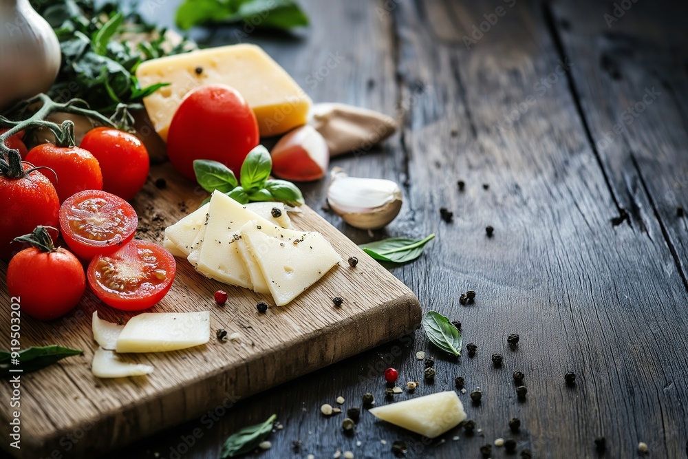 A beautiful arrangement of ripe tomatoes and cheese slices on a rustic wooden cutting board, accompanied by fresh herbs. A beautiful arrangement of ripe tomatoes and cheese slices on a rustic wooden cutting board, accompanied by fresh herbs.