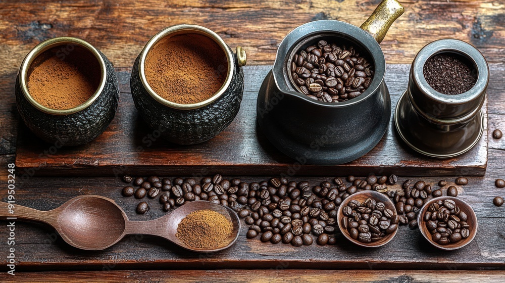 A rustic arrangement of coffee beans, ground coffee, and traditional utensils on a wooden surface, showcasing coffee culture. A rustic arrangement of coffee beans, ground coffee, and traditional utensils on a wooden surface, showcasing coffee culture.