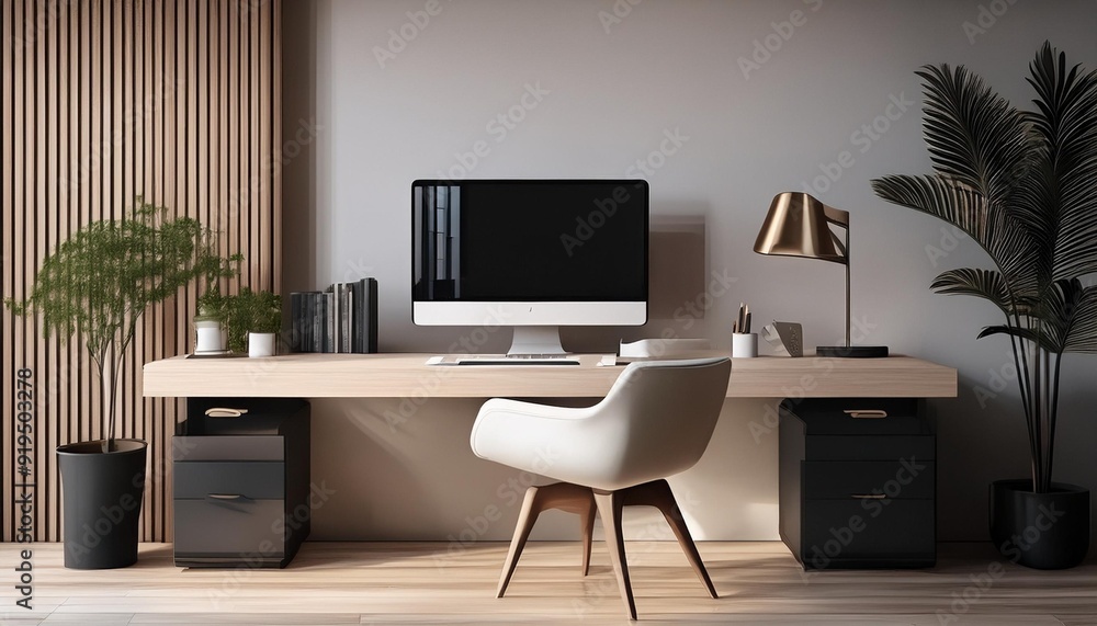 sleek modern luxury home office study with minimalist interior design 3d illustration sleek modern luxury home office study with minimalist interior design 3d illustration
