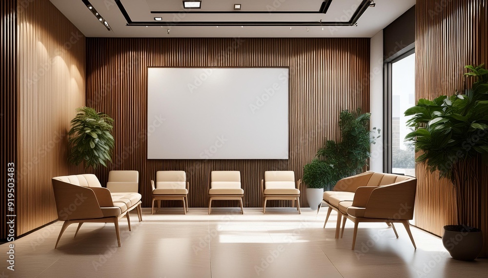Fototapeta premium sleek modern office waiting room with blank poster and wooden accents 3d interior rendering 2