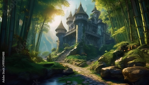 Belo castelo de pedra de fantasia aconchegante em uma Floresta de bambu ao lado de um caminho de pedras e um riacho balbuciante.
