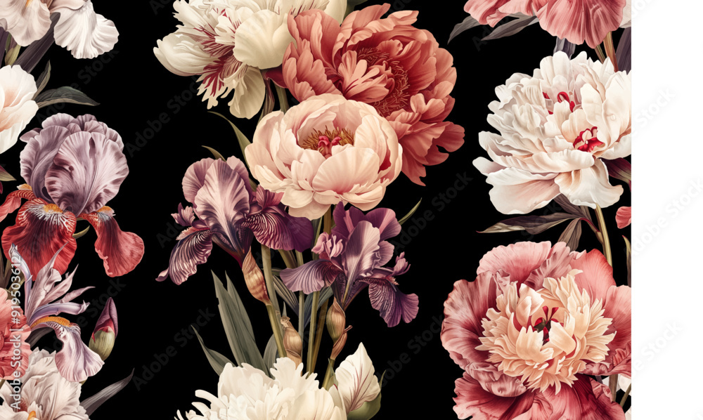 Seamless vector pattern with peony and iris flowers isolated on a changeable black background. Seamless vector pattern with peony and iris flowers isolated on a changeable black background.