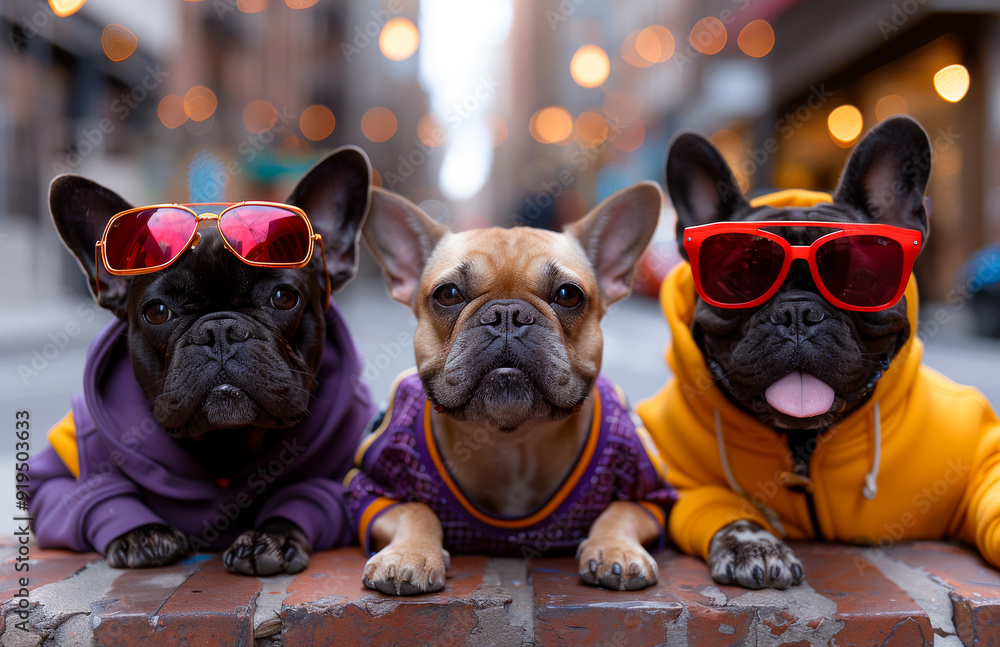 Three stylish dogs wearing sunglasses in a vibrant urban setting. Three stylish dogs wearing sunglasses in a vibrant urban setting.