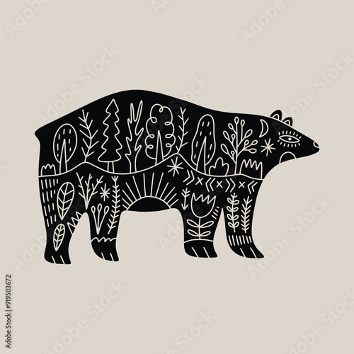 Bear folk graphic collage applicable label element in line monochrome style with ornate flower decoration symbols, floral pattern. Nature logo, textile t-shirt print and more. Mascot shamanic
