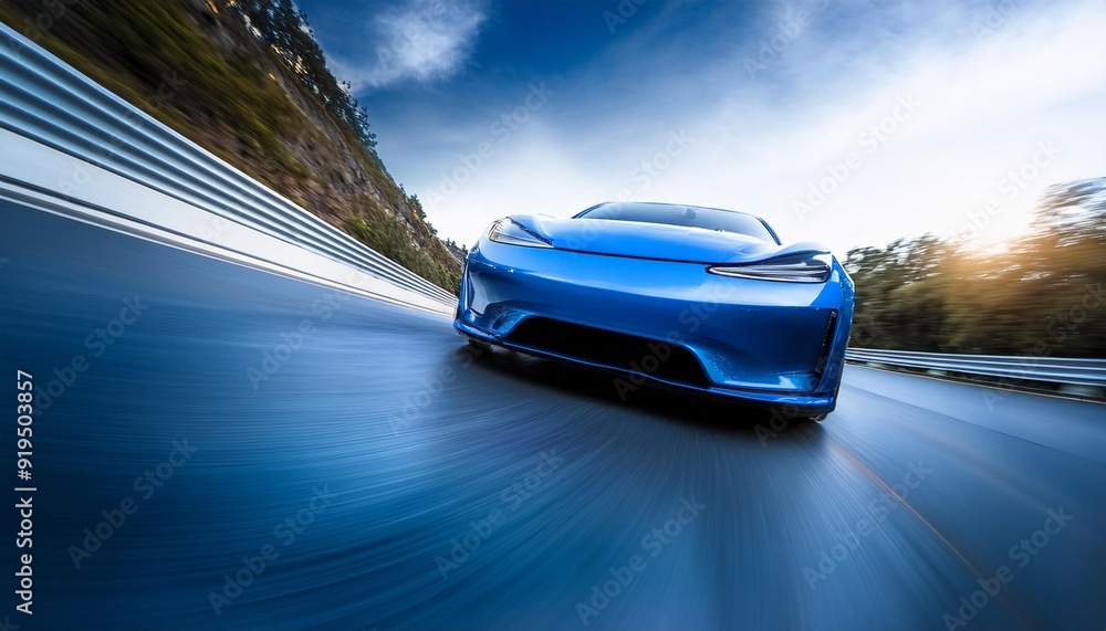Naklejka premium sleek sports car cornering at high speed motion blur dramatic low angle reflective blue paint catching light