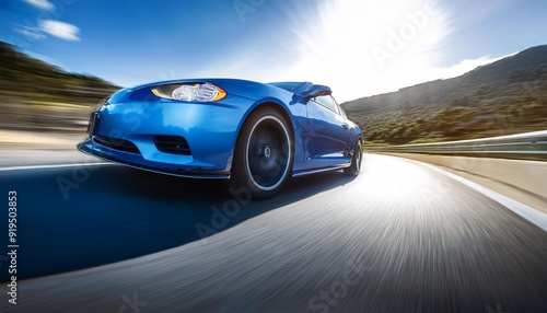 sleek sports car cornering at high speed motion blur dramatic low angle reflective blue paint catching light