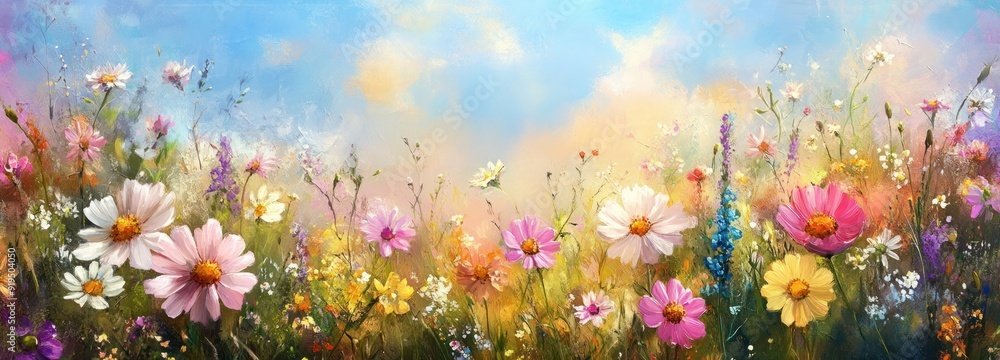 Oil Painting of a Vibrant Wildflower Meadow with a Blue Sky Oil Painting of a Vibrant Wildflower Meadow with a Blue Sky