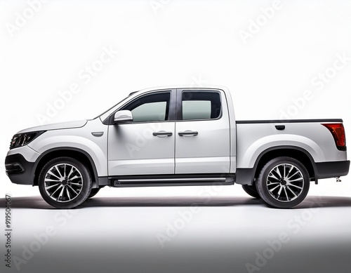 sleek white pickup truck viewed from the side against a pure white background showcasing clean lines and modern design for versatile mockup applications