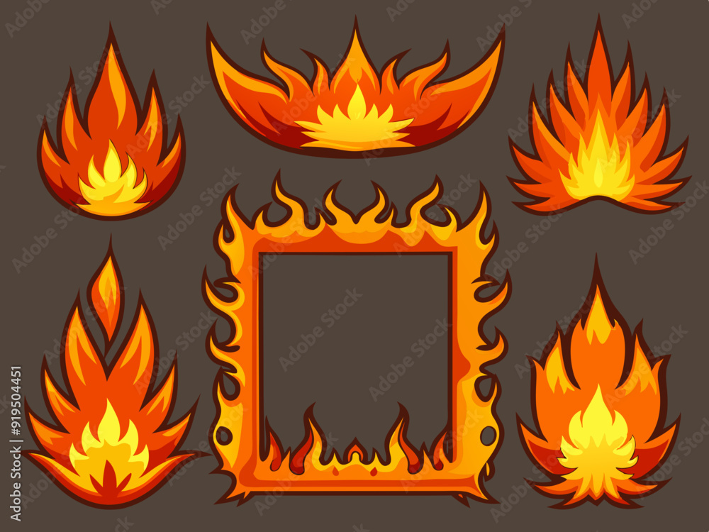 Cartoon fire borders. Flame frame, blazing dividers, hot flaming banners. Wildfire campfire and ignite elements, fire trail and flammable border isolated vector set Cartoon fire borders. Flame frame, blazing dividers, hot flaming banners. Wildfire campfire and ignite elements, fire trail and flammable border isolated vector set