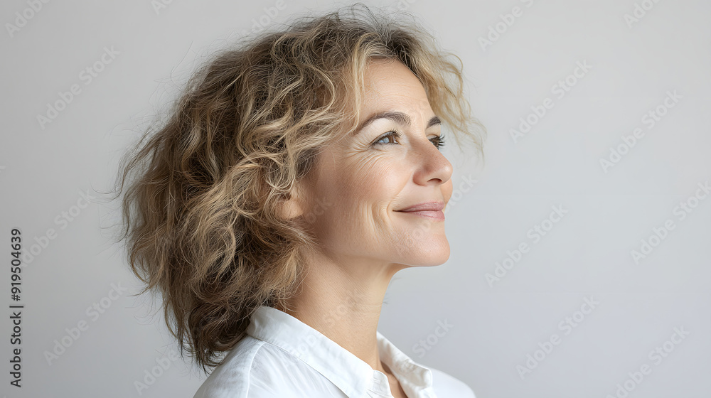 Woman in her 40s in a white shirt with skin lines and wrinkles facing right, away from camera, plain, light grey background Woman in her 40s in a white shirt with skin lines and wrinkles facing right, away from camera, plain, light grey background