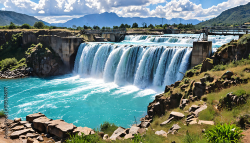 Cascade majestueuse et barrage surplombé par des montagnes