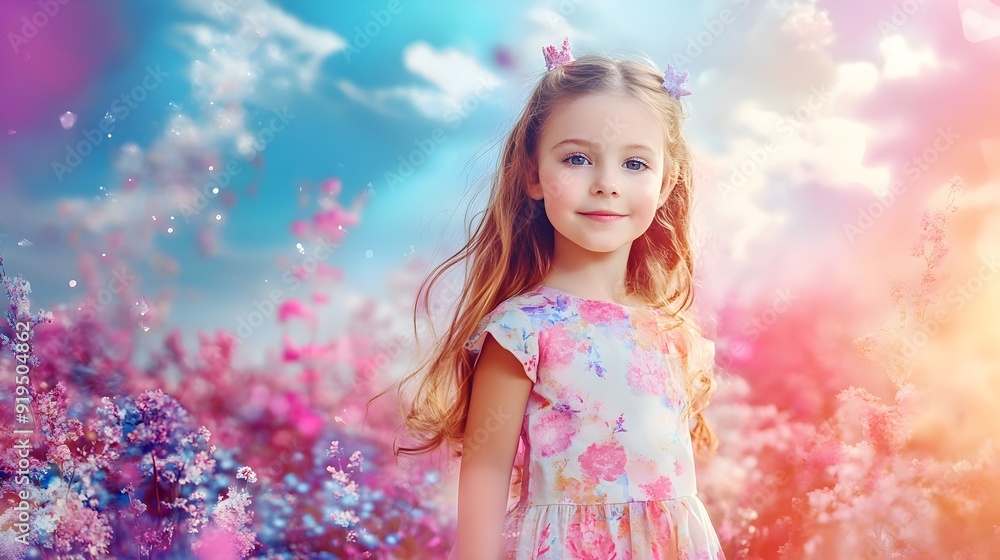 Fototapeta premium Blond Haired Girl Surrounded by Colorful Flowers in Sunny Field