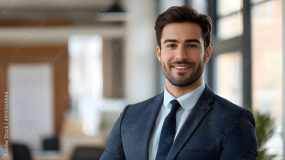 Fototapeta premium Man in his 30s wearing a business suit posing in the bright office with windows 