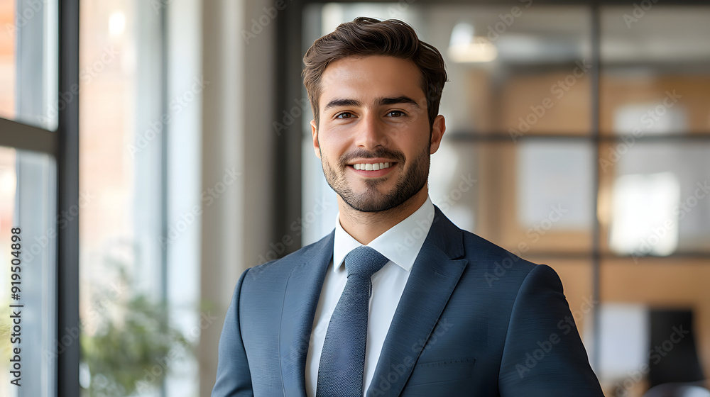 Fototapeta premium Man in his 30s wearing a business suit posing in the bright office with windows 