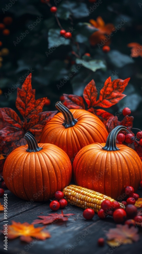 Autumn Harvest Scene with Pumpkins, Corn, and Berries on a Wooden Table Autumn Harvest Scene with Pumpkins, Corn, and Berries on a Wooden Table