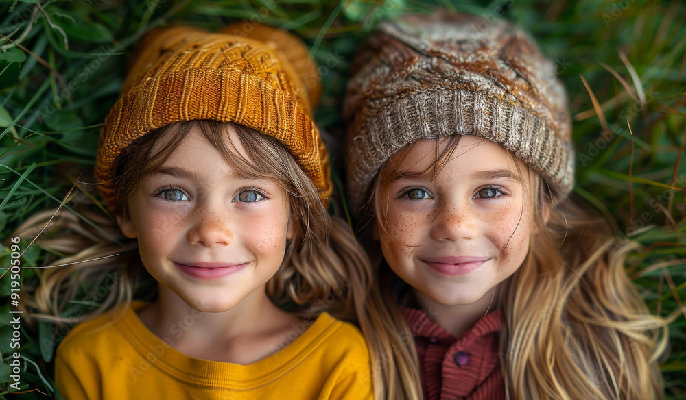 Two children in knitted hats lying on grass in autumn sunlight. Two children in knitted hats lying on grass in autumn sunlight.