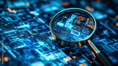 Magnifying Glass over Circuit Board.