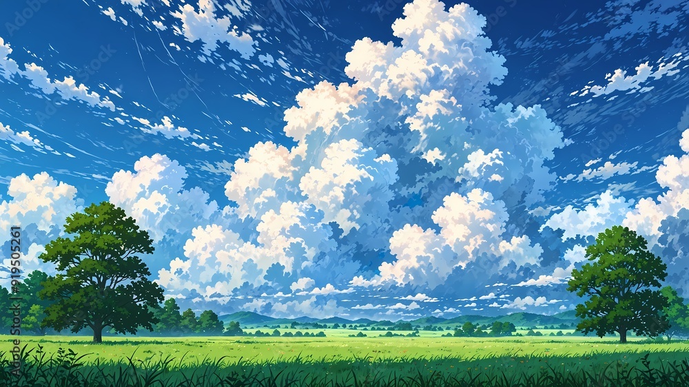 Fototapeta premium Mesmerizing Anime Landscape of Tranquil Countryside with Fluffy Clouds