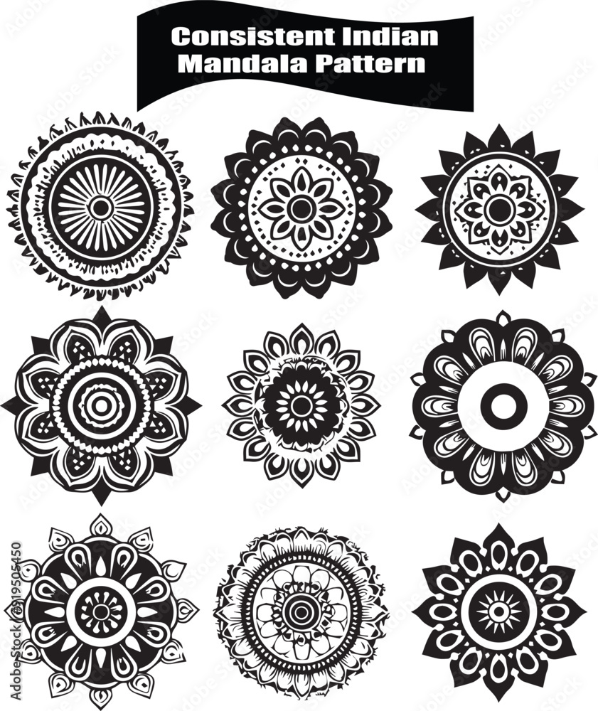 Consistent indian Mandala Pattern Silhouette Elements in Black Consistent indian Mandala Pattern Silhouette Elements in Black