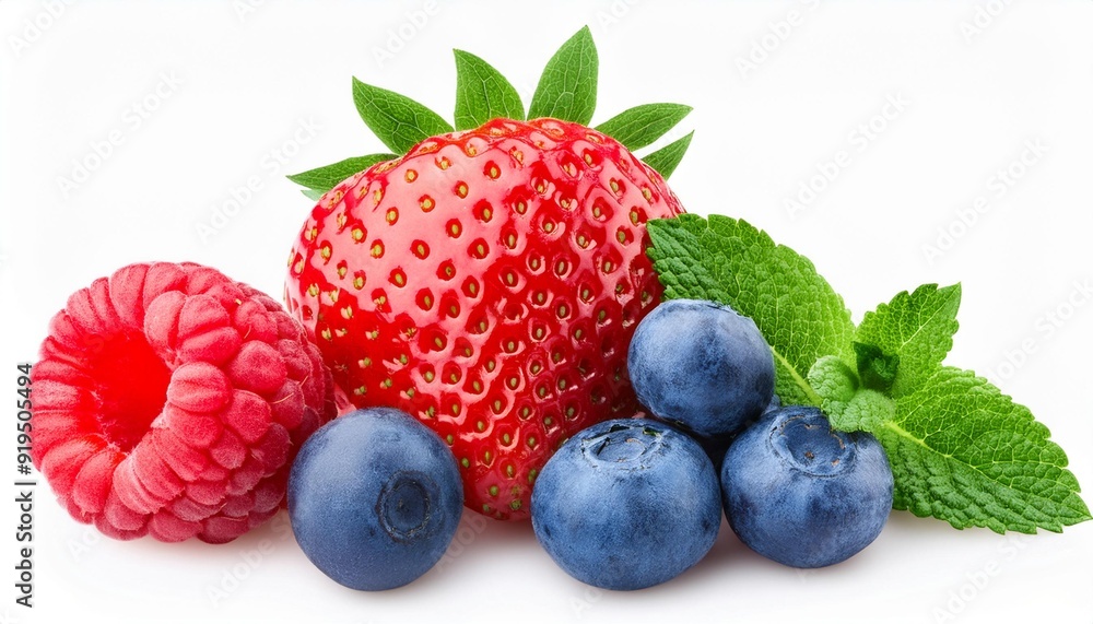 Sweet berries mix isolated on white background. Heap of Ripe raspberry, strawberry and blueberries, mint leaf. Macro, top view Sweet berries mix isolated on white background. Heap of Ripe raspberry, strawberry and blueberries, mint leaf. Macro, top view