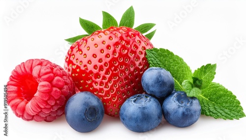 Sweet berries mix isolated on white background. Heap of Ripe raspberry, strawberry and blueberries, mint leaf. Macro, top view