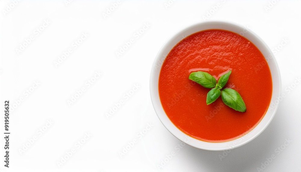 Tomato soup in a white bowl isolated on white background. Top view. Copy space. Traditional cold gazpacho soup. Spanish cusine. Tomato soup in a white bowl isolated on white background. Top view. Copy space. Traditional cold gazpacho soup. Spanish cusine.