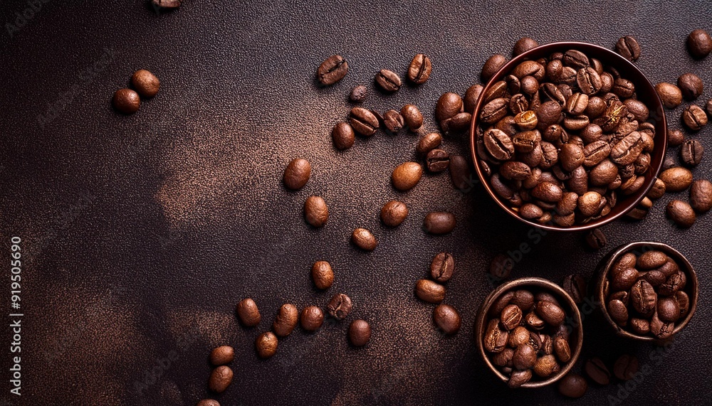 Obraz premium Top view of coffee beans on dark vintage background