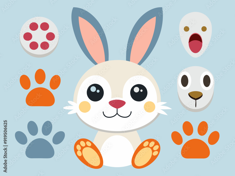 Cartoon bunny elements. Cute bunny footprint trail, paws, ears and faces. Funny bunnies head and muzzle. Decorative element for Easter. Printable stickers scrapbooking. Vector set
Cartoon bunny elements. Cute bunny footprint trail, paws, ears and faces. Funny bunnies head and muzzle. Decorative element for Easter. Printable stickers scrapbooking. Vector set