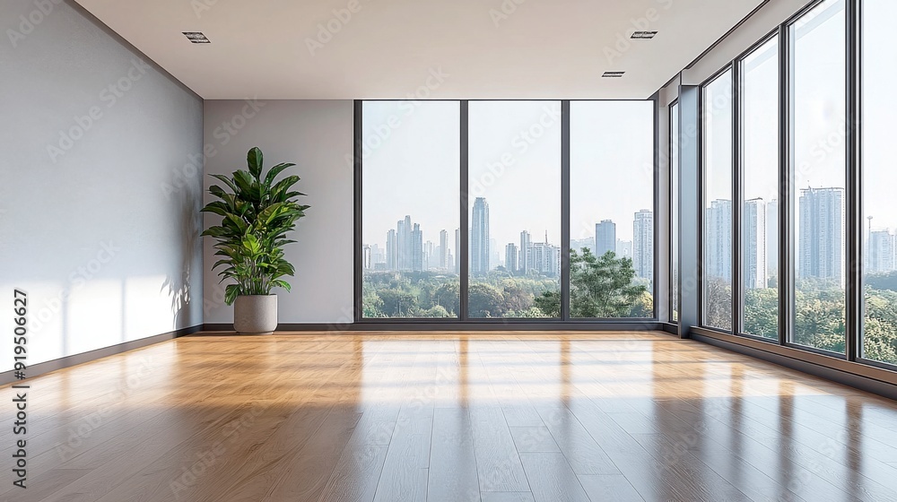 Fototapeta premium Empty bright room with wooden floor, minimalist interior with plant and sunlight from the large window.