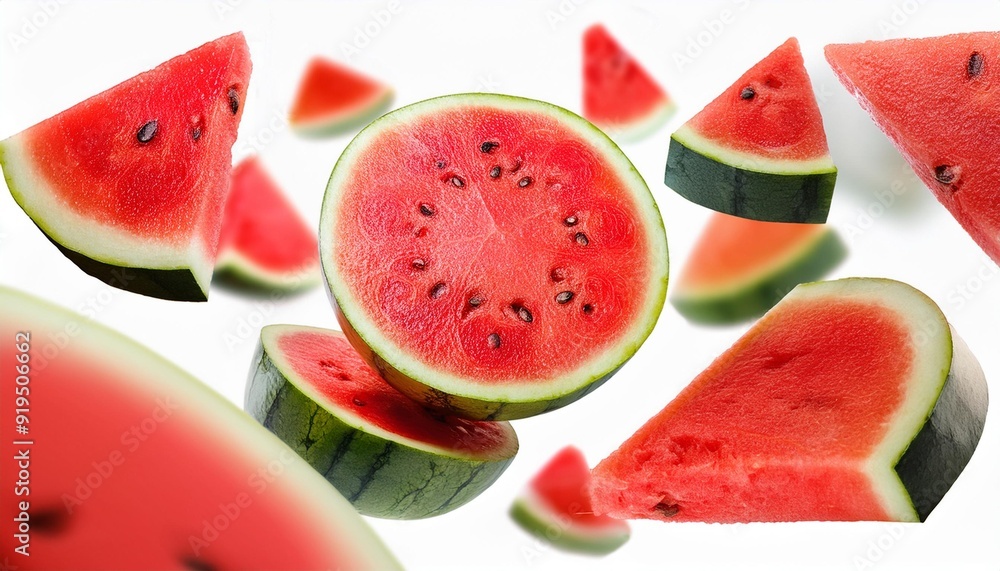Watermelon slices isolated on white background. Water melon Pattern. Levitating Fresh juicy Watermelon pieces closeup. Watermelon slices isolated on white background. Water melon Pattern. Levitating Fresh juicy Watermelon pieces closeup.