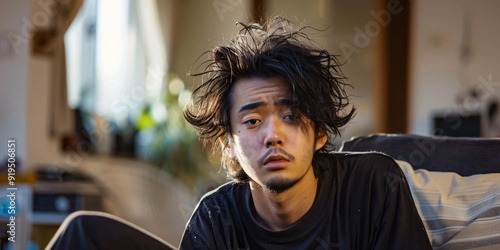 A tired man sits on a couch and looks at the camera with messy hair. The man has a beard and is wearing a black t-shirt.. asian man