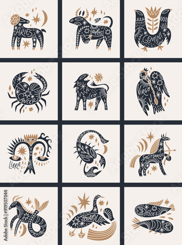 Boho cute zodiac signs, horoscope cartoon icons set. Astrology cartoon animalistic characters symbols, space celestial ornate constellations. Twelve astrological hand-drawn avatars. Aries, Taurus