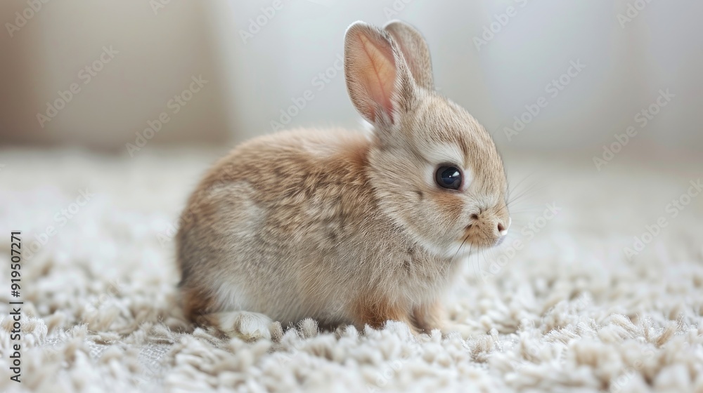 Naklejka premium Adorable infant rabbit with bright eyes sitting on a white carpet