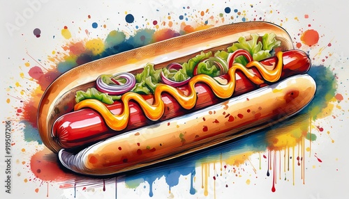 whimsical watercolor illustration of a gourmet hot dog featuring vibrant splashes of color for condiments and toppings set against a crisp white background with artistic splatters