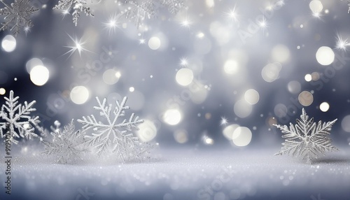 White Christmas abstract bokeh background with snowflake and silver glittering bokeh stars. Festive Glowing blurred lights.