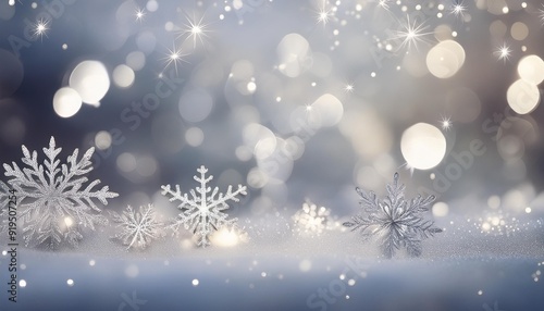 White Christmas abstract bokeh background with snowflake and silver glittering bokeh stars. Festive Glowing blurred lights.