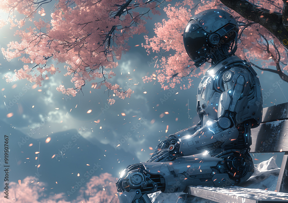 Fototapeta premium Cyborg sits on a bench in a cherry blossom park, reflecting on his human memories
