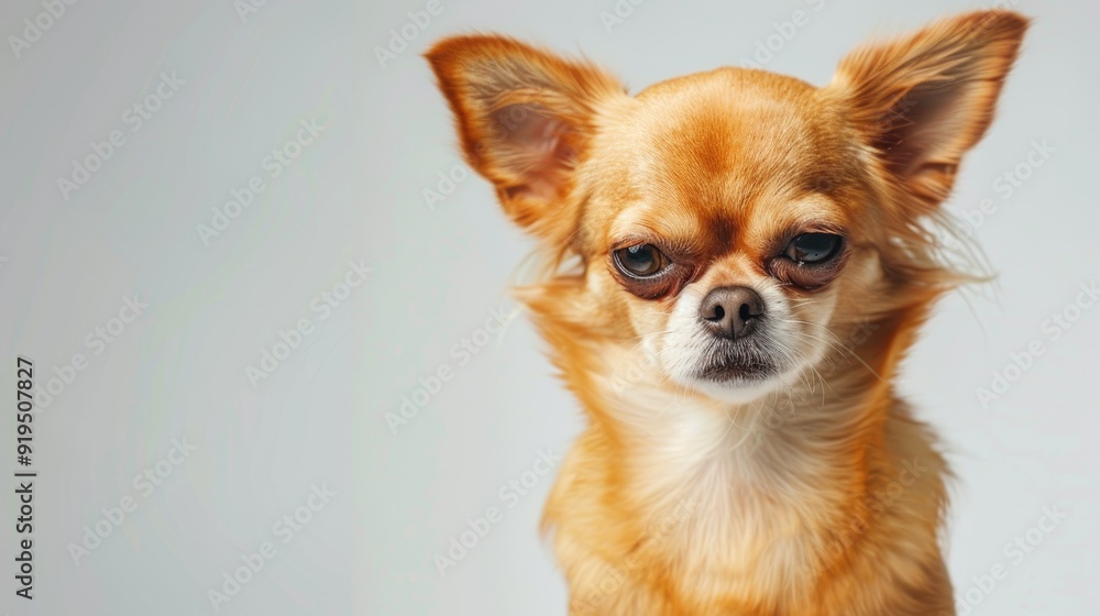 Angry golden Chihuahua in studio on white background suggests animal care in ad space Angry golden Chihuahua in studio on white background suggests animal care in ad space