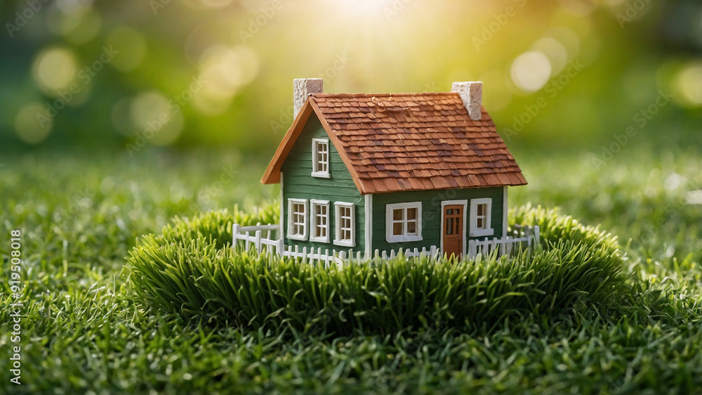 Tiny house with white windows on green grass under sunny sky with sun rays in the background. Tiny house with white windows on green grass under sunny sky with sun rays in the background.
