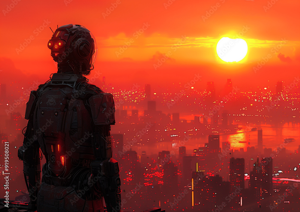 Cyborg overlooking a futuristic city from a rooftop at dawn, his silhouette outlined against the rising sun, contemplating his role in this world Cyborg overlooking a futuristic city from a rooftop at dawn, his silhouette outlined against the rising sun, contemplating his role in this world