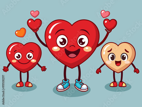 Cartoon heart characters. Mascot hearts constructor, sticker with hand and leg, organ with emotion face, valentine love emotions. Poses and expressions character. Vector set 