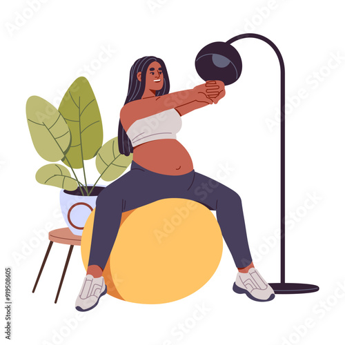 Pregnant girl practices gymnastics indoor. Expectant mother does sport exercises with fitness ball. Woman with belly does workout, training while pregnancy. Flat isolated vector illustration on white