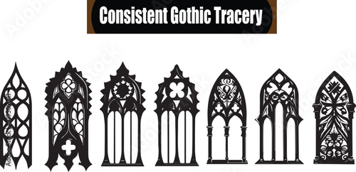 Consistent Gothic Tracery Minimalist Black Silhouette Vector Collection