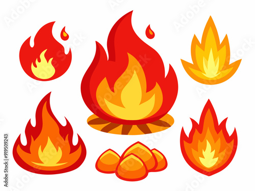 Cartoon fire. Flame of infernal fireballs, red and yellow campfire, hot wildfire and bonfire, burn power. Hellfire, burning icons isolated vector set
