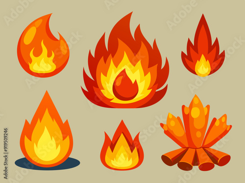 Cartoon fire. Flame of infernal fireballs, red and yellow campfire, hot wildfire and bonfire, burn power. Hellfire, burning icons isolated vector set
