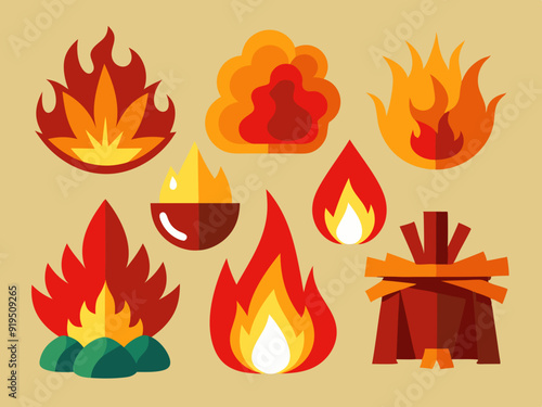 Cartoon fire. Flame of infernal fireballs, red and yellow campfire, hot wildfire and bonfire, burn power. Hellfire, burning icons isolated vector set

